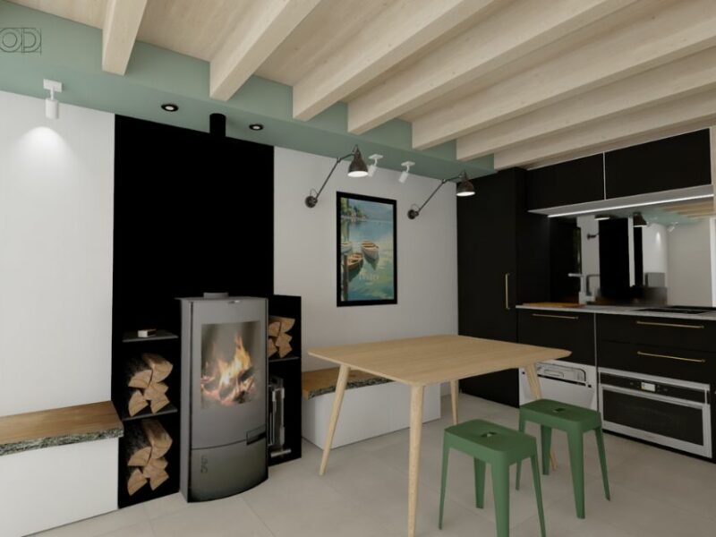 Pièce de vie avec coin cuisine, poêle à bois et table à manger. Agencement réalisé par Oll Design architecte d'intérieur.