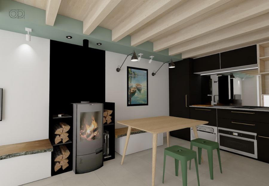 Pièce de vie avec coin cuisine, poêle à bois et table à manger. Agencement réalisé par Oll Design architecte d'intérieur.